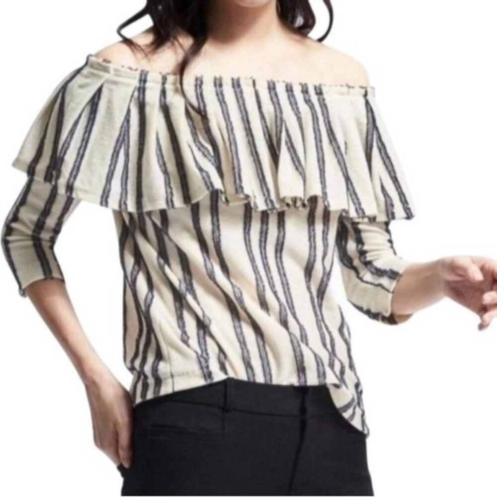 Banana Republic 3/4 Sleeve Blouse Size S Ivory Navy Striped Off The Shoulder